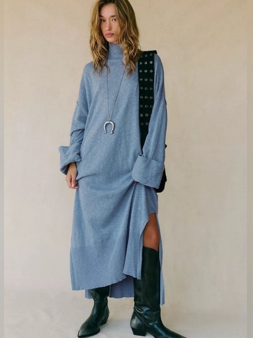 Free People FP Beach Faye Sweater Midi Dress Blue